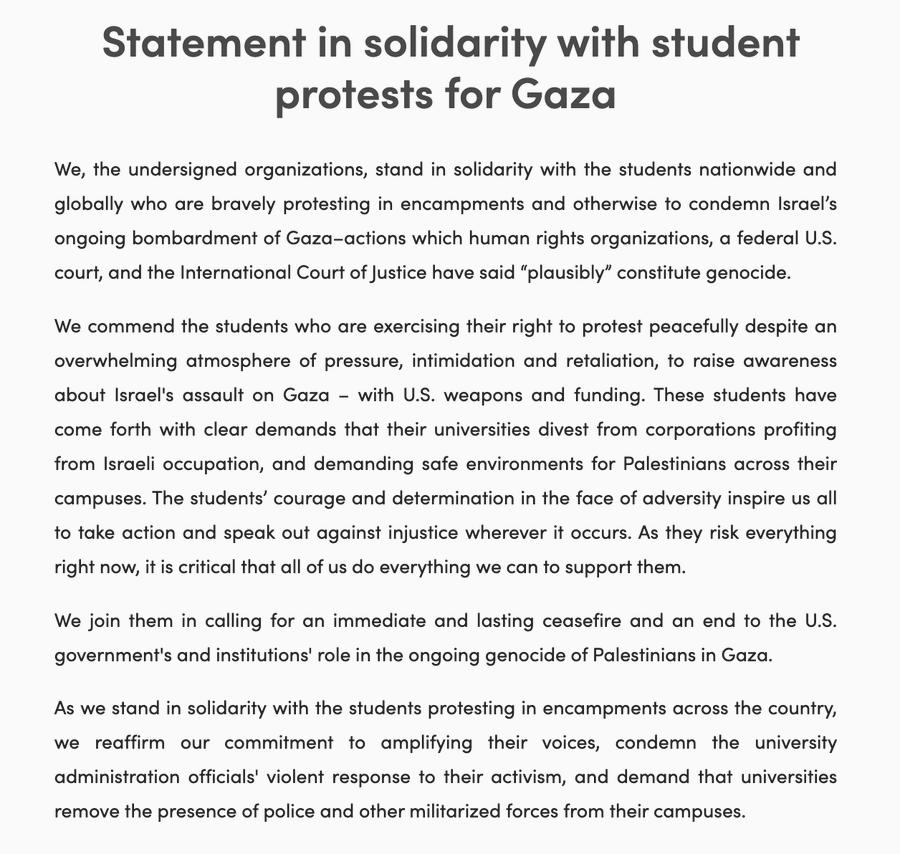 We stand with students who despite police brutality continue to call for immediate & permanent #ceasefire , an end to the #occupation & #FreePalestine Read the statement here: mpowerchange.org/gazastudentpro…
