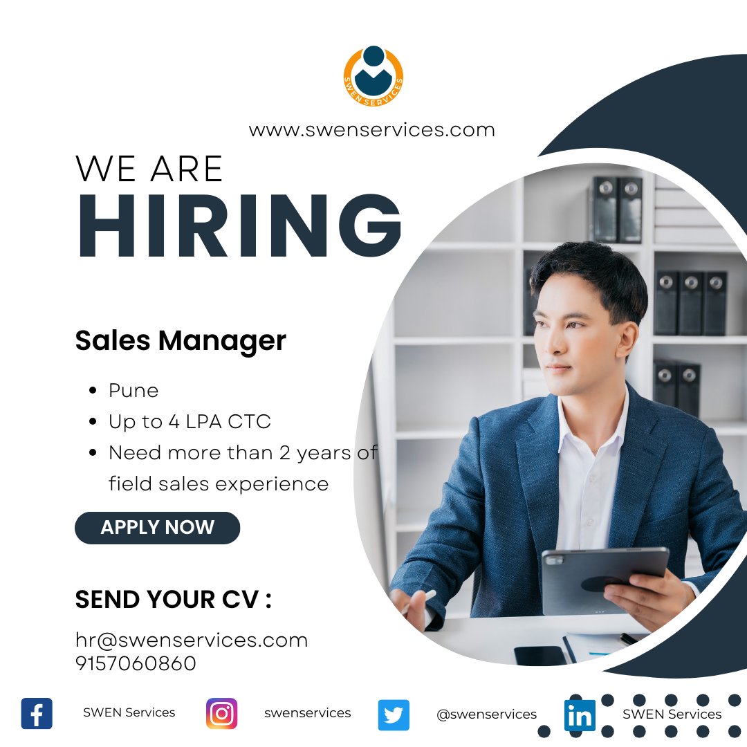 #hiringalert #swenservices
#salesmanager
Hey aspirants, looking for job change?
We are hiring for leading corporate company.
Location :: Pune
Position :: Sales Manager
CTC :: Up to 4 LPA
Need more than 2 years of field sales experience
Call or share your resume on 9157060860