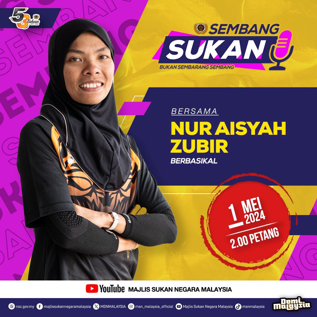 Jangan lupa saksikan Nur Aisyah Zubir, Atlet Berbasikal (Lebuhraya) Negara dalam Sembang Sukan pada jam 2.00 petang di Saluran YouTube Majlis Sukan Negara!
 
#DemiMalaysia
#KontinjenMALAYSIA
#MalaysiaRoar