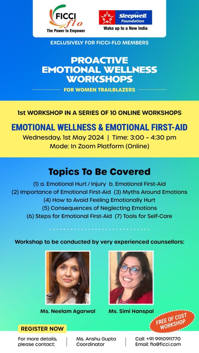 Discover proactive strategies to boost #EmotionalWellness from experienced counsellor Ms. Neelam Agarwal & therapist Ms. Simi Hanspal at our upcoming workshop with Sleepwell Foundation. 📅 01/05/2024 🕓 3:00 - 4:30 PM Register Now: rb.gy/8nsbzu #FICCIFLO #FLO