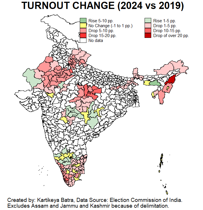 Put together this map showing changes in turnout in the first 2 phases relative to 2019. Video coming soon! Note: pp stands for percentage points. #LokasabhaElection2024 #LokSabhaElections2024 @sanket @YRDeshmukh @cvoter