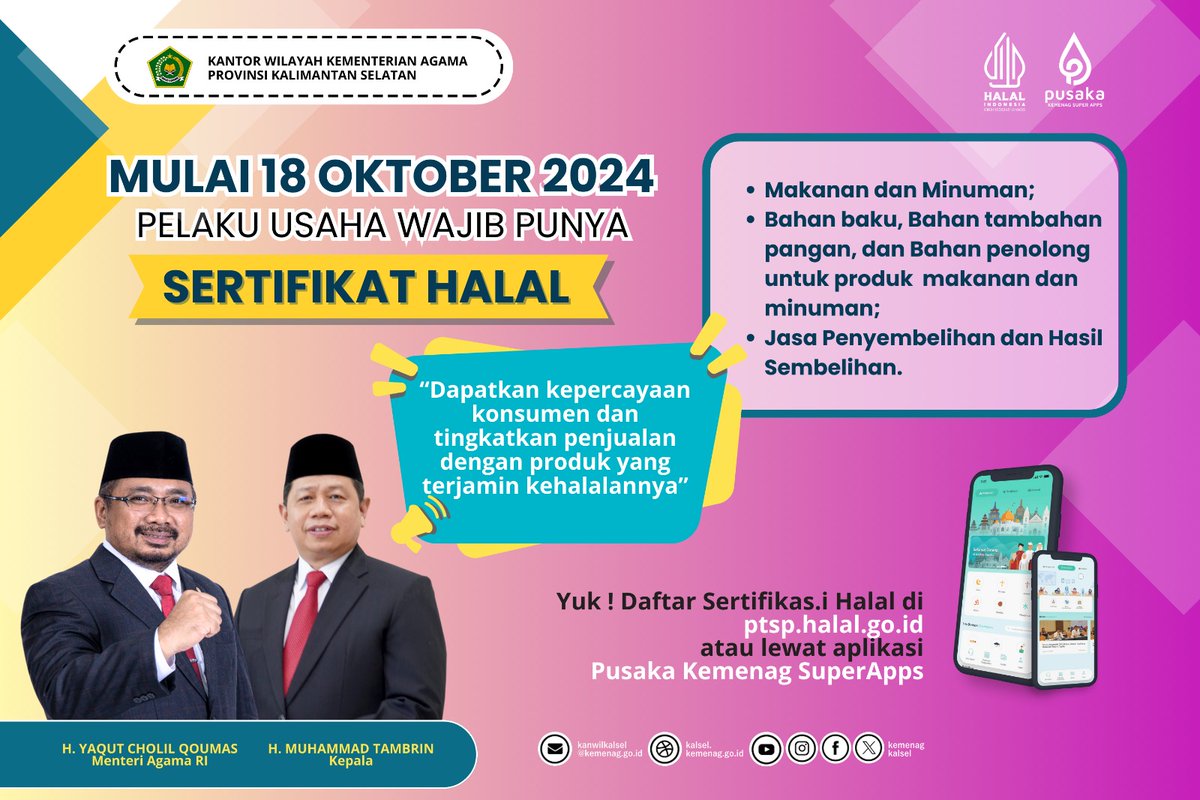 Salam SahabatReligi
Mulai 18 Oktober 2024 Pelaku Usaha Wajib Punya Sertifikat Halal