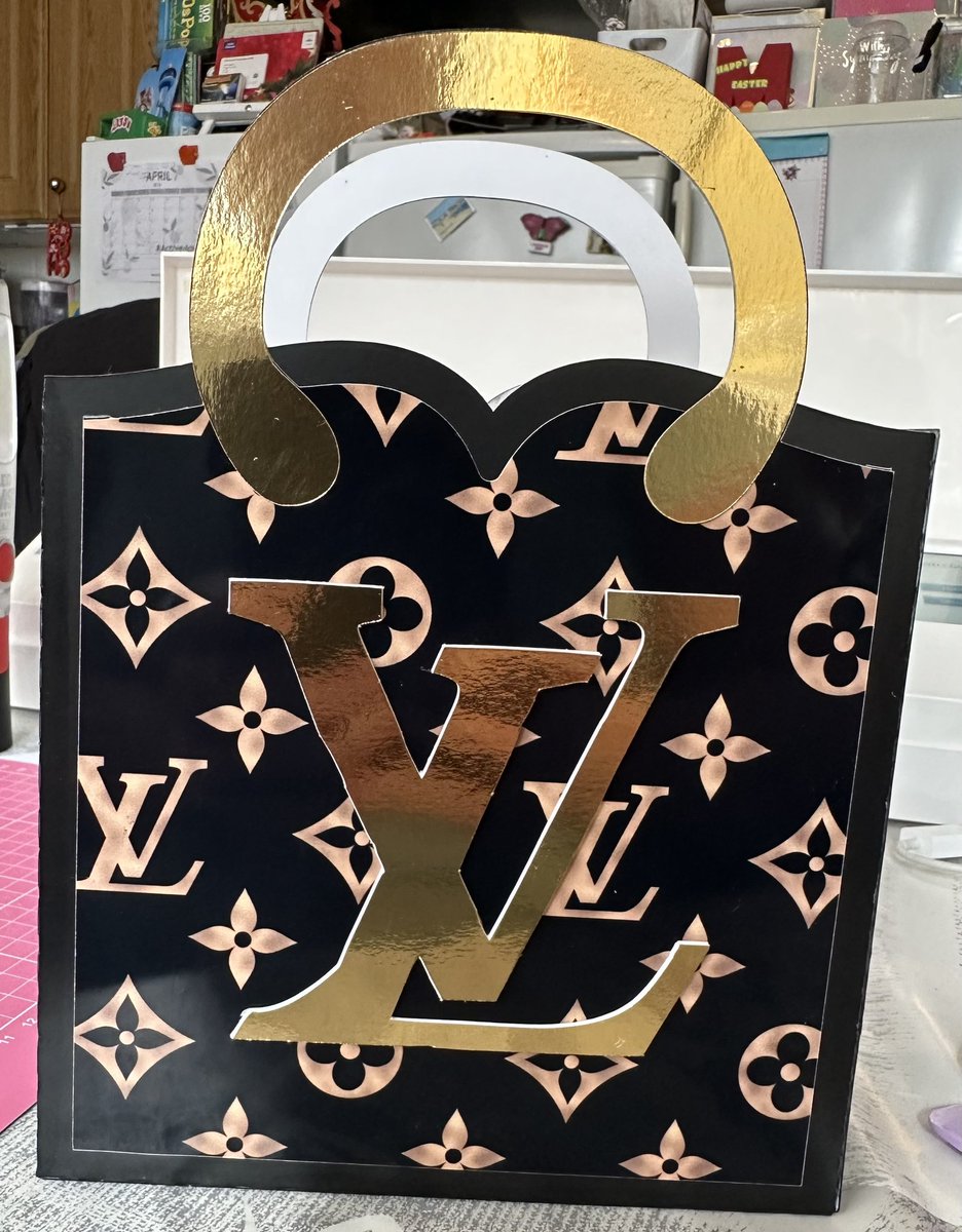 Gift bag LV style made today for a birthday gift for step 
Granddaughter  #silhouettecameo #hunkydory black card &amp; gold mirri #epsonecotank #koalaglossyphotopaper #madewithlovebychristinescraftycabin #imadeyoulookmeghantrainer #collalallpurpose #craftuk white card for 3d look