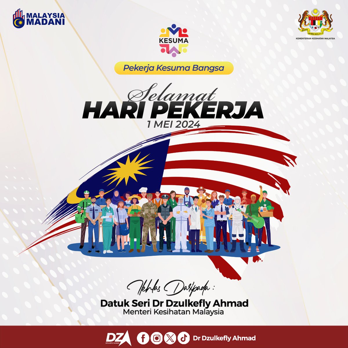 Sempena Hari Pekerja 2024, sama-sama kita peringati segala perjuangan untuk menegakkan hak, memperjuangkan kebajikan & memperkaya peluang untuk setiap individu terus maju dalam pekerjaan & kehidupan mereka. #PekerjaKesumaBangsa #KKMprihatin #KKM #MalaysiaSihat #MalaysiaMADANI