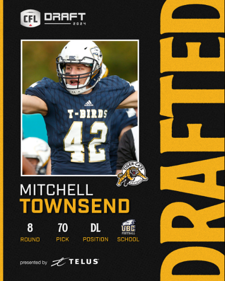 Congratulations to Mitchell Townsend LB. Selected by the #Hamilton #Tiger-Cats in the 8th Round, 70th overall. #HamiltonProud #OskeeWeeWee #TheHammer #EatEmRaw #Ticats #MadeInTheHammer #BlackAndGold #HamOnt #Ontario #YHM #CFL @mitchizzell