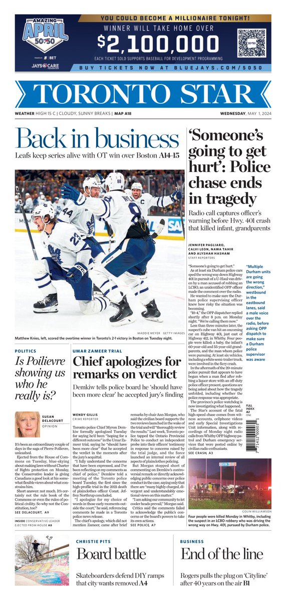 On Wednesday’s @TorontoStar A1: The dramatic moments that led to a fatal crash on the 401: @jpags @calvi_leon @nawa__t @alysanmati report. Plus: @susandelacourt on Pierre Poilievre. @wendygillis on Toronto’s police chief. And the Leafs keep playoff hopes alive (📸 Maddie Meyer)