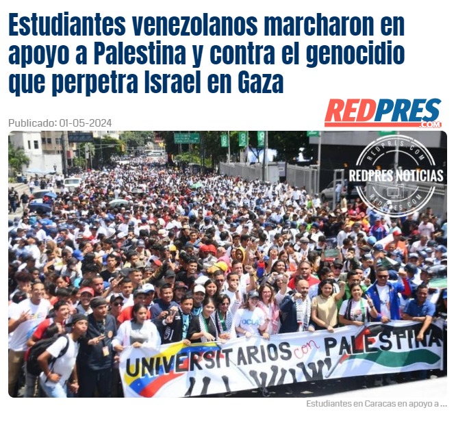 Estudiantes venezolanos marcharon en apoyo a Palestina y contra el genocidio que perpetra Israel en Gaza redpres.com/t41970-estudia… Tags | 🏷️ 130 Bs 🏷️ Hotel Tamanaco 🏷️ El Aissami 🏷️ Hito 4.900.000 🏷️ Golpe de Estado 🏷️ La Carlota 🏷️