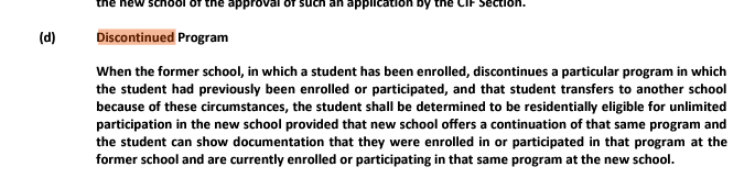 LOTS of DMs about Campbell Hall dropping football, and the CIF rules implications for those kids. (Smart coaches!) Bylaw 207, pg 71 of Blue Book: Transfer Eligibility. Pg 79, about 'discontinued programs.' They are eligible at new school to play football. Go get your Vikings!