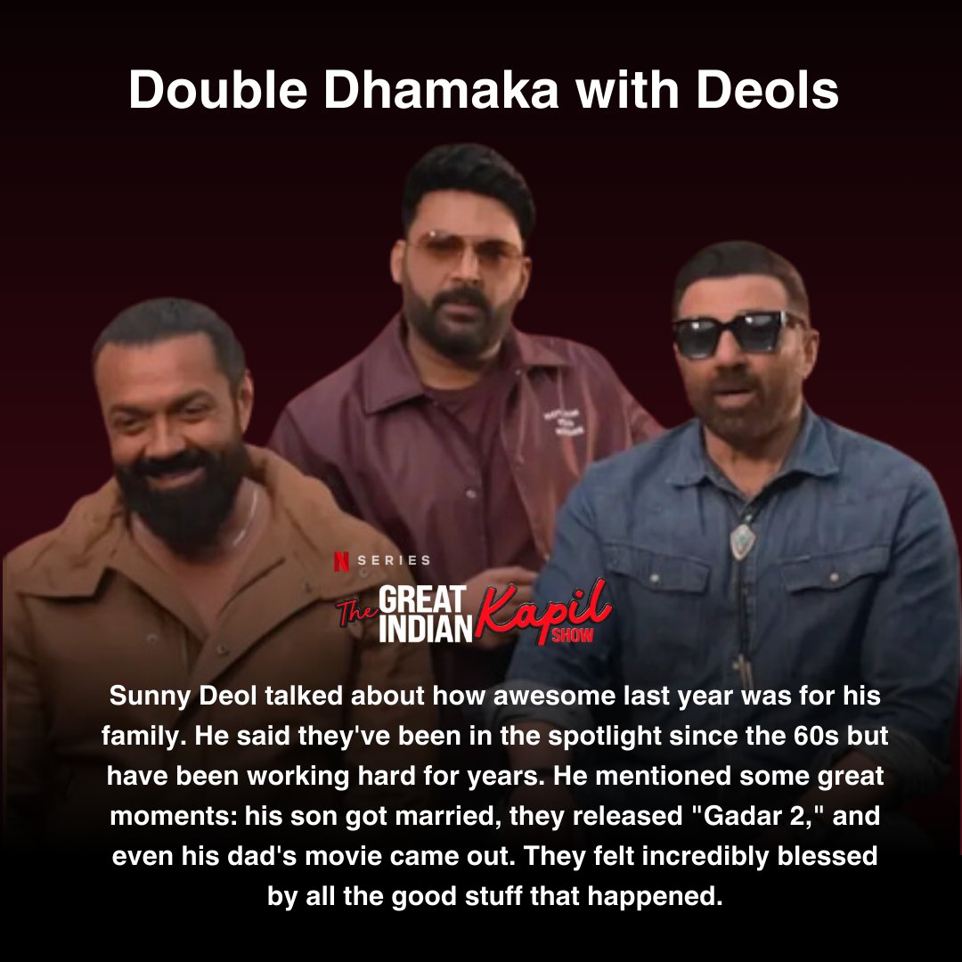 Sarthak43336572's tweet image. Deols Brothers reveal their life stories in The Great Indian Kapil Show promo video. @NetflixIndia 
#filmworld #ShowtimeCheckNaCheck #lifestyle 
.
.
.
@KapilSharmaK9 
@iamsunnydeol 
@SunnyDeol__FC