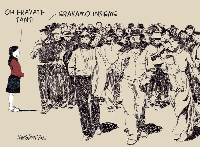 Un grande #maurobiani 👍👏🌹❤️🌹che in 5 parole riesce a disegnare l'immagine reale della situazione attuale. Tutta al passato. 'Oh eravate tanti. Eravamo insieme'. Oggi siamo una repubblica fondata sul lavoro con un governo che distrugge i diritti. E il lavoro È un diritto.