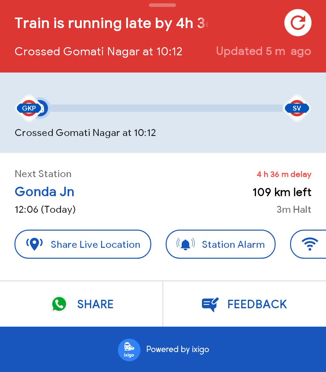Hello! I'm yet to board Ljn Ppta Sf Exp at Gorakhpur Jn. Current running status: 4 h 36 m delay.
Expected to board the train at 01 May 2024 15:00.
Track my train on the ixigo app: l.ixigo.com/rfp7GpDAF7AV