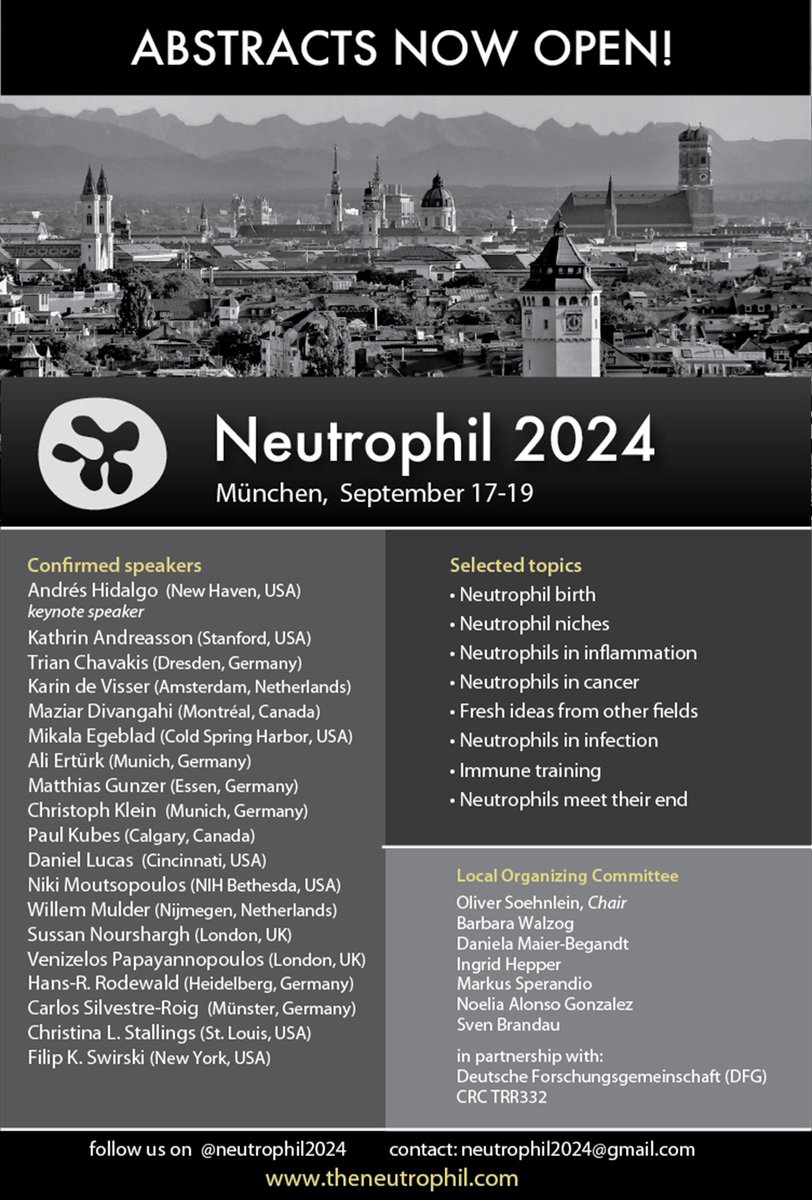 30 days left for early bird registration and abstract submission. Join us in Munich to enjoy world-classscience on #neutrophils. Visit theneutrophil.com for details. @AndrsHidalgo16 @Kubes_Lab @GunzerLab @SwirskiLab @megeblad @NoursharghLab @VeniPap @Carlos_Silvestr ...