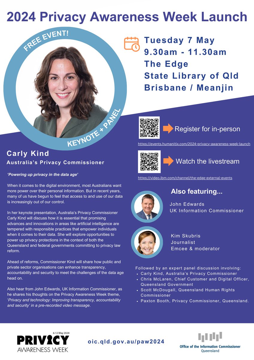 One more week until the Qld Privacy Awareness Week launch event at The Edge @slqld! Don’t forget you can also livestream the keynote and panel: oic.qld.gov.au/paw2024 #PAW2024 @OAICgov @carlykind_ @ICOnews @TMRQld
