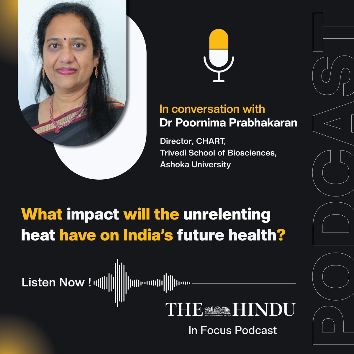 In a recent #podcast session with @the_hindu. @DrPoornimaP, Director, @CHART_TSB, @AshokaUniv talks on #heatwaves occurring earlier, intensifying, lasting longer & their implications on #humanhealth, food security & extreme #weather events. 

🎙️Listen now: bit.ly/3wibgBa