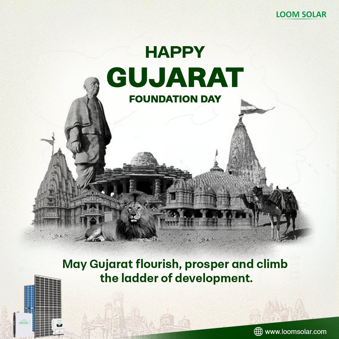 Happy Gujarat Day!  Today, we celebrate the vibrant spirit and rich heritage of the Indian state of Gujarat, marking its formation on May 1st, 1960. 
#GujaratDay #CelebrateCulture #UnityInDiversity #SolarEnergy #loomsolar #अपना_घर_अपनी_बिजली #solarsystem #solar