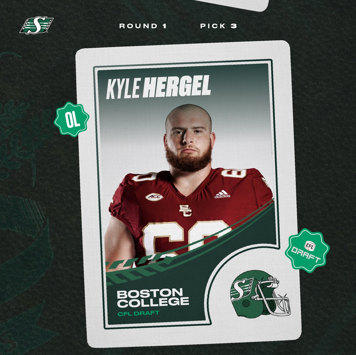 Former Eagle flies off the board! With the third overall pick in the 2024 CFL Draft, the Saskatchewan Roughriders have selected Boston College Offensive Lineman Kyle Hergel! ❎ @kyledawg60