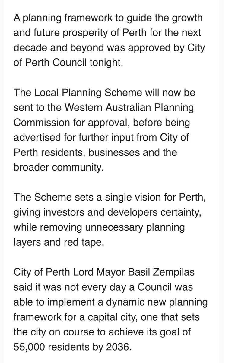A huge milestone for our @CityofPerth. 

It is the biggest change in 20 years and a significant step up in terms of development changes for our capital city.  

The time is right to pursue more ambitious changes which will catalyse redevelopment in the city.

#CityofLight