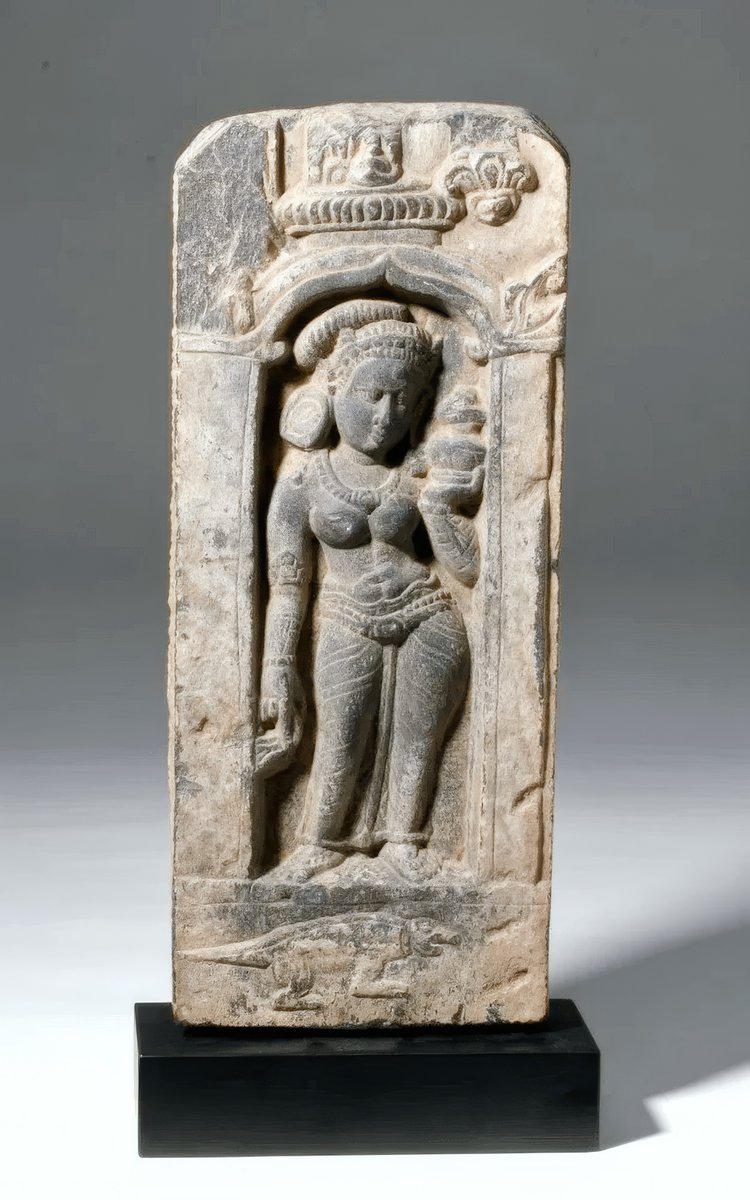Central India, possibly Pala Dynasty, ca 9th to 14th century CE. Wonderful gray schist stone panel the sacred river goddess Ganges holding pot of benediction, with her mount an alligator [not lizard] on the pedestal.

#Archaeology