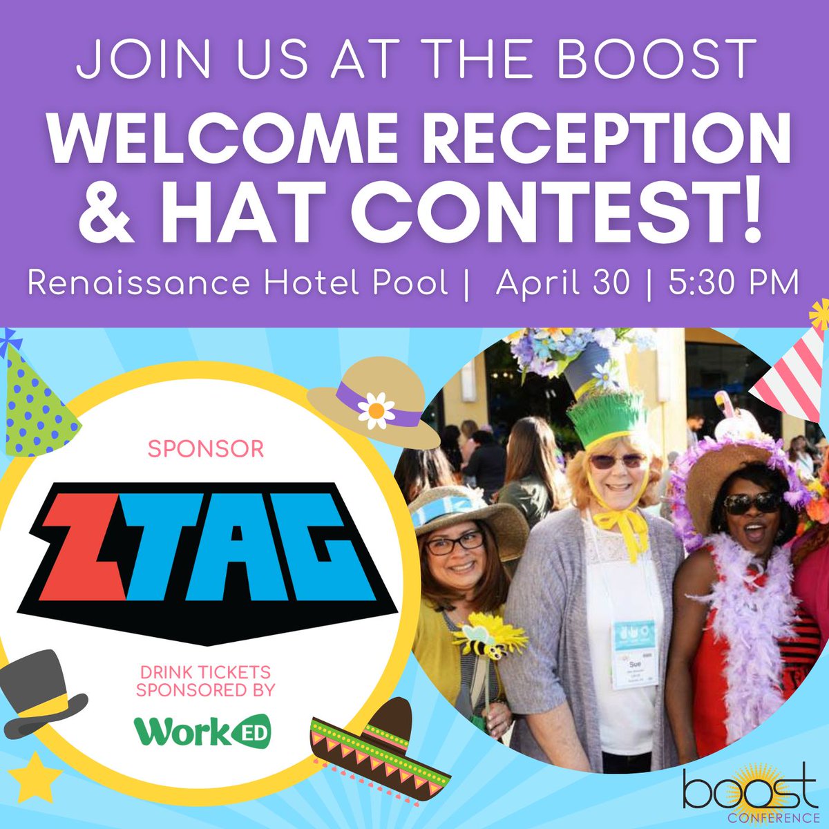 Put on your festive hats & join us by the Renaissance pool for the 2024 #boostconference Welcome Reception & Hat Contest! Stop by our sponsor @PlayZTAG's table to meet them & learn how to engage kids by combining tech with social, physical, and learning activities!