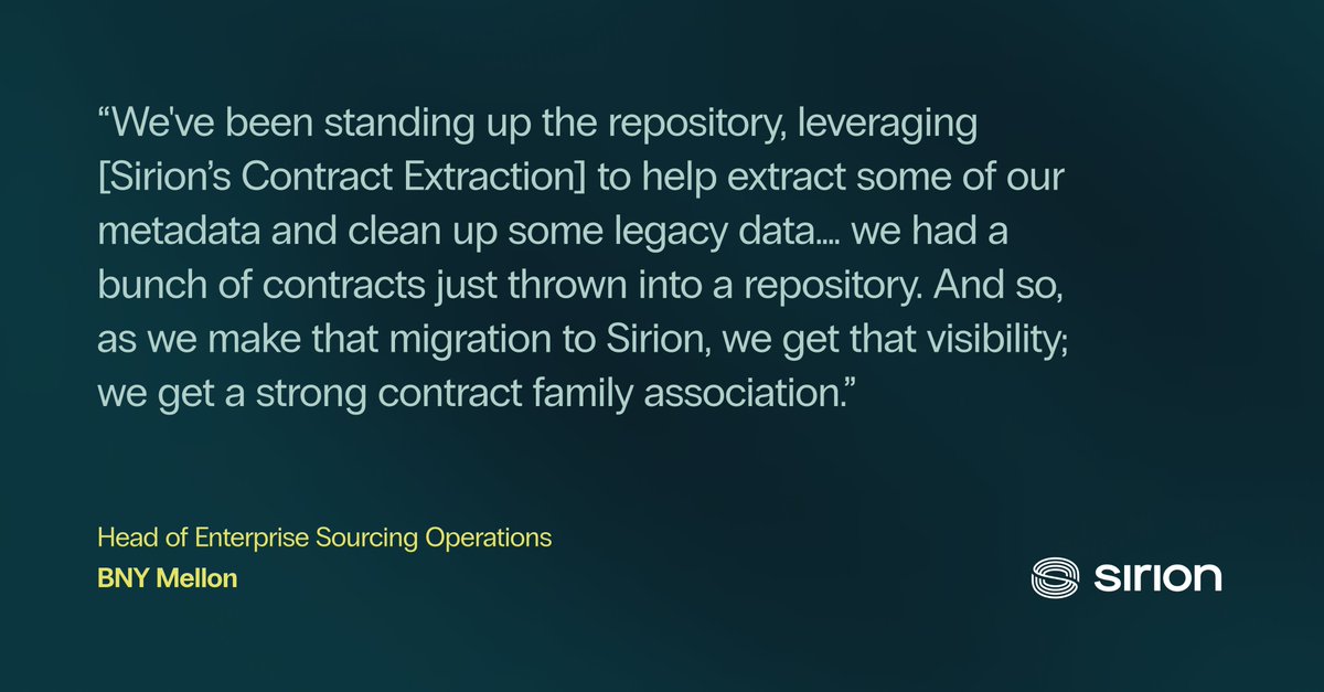 Search millions of #contracts for answers in seconds! See how BNY Mellon transformed their business using Sirion’s #ContractExtraction for better visibility and workflow. Learn more 👇 sirion.ai/library/case-s…