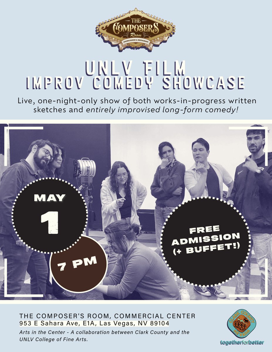 #ComingUp Wednesday - a night of free entertainment. Join UNLV Film for the 'Improv Comedy Showcase' at the Composer's Room in the Commercial Center - 953 E. Sahara. The show is part of 'Arts in the Center,' a collaboration between #ClarkCounty and @UNLVFineArts.

@rossjmiller