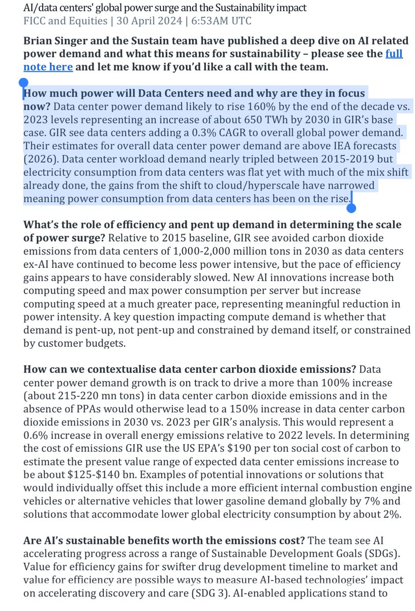 ramahluwalia's tweet image. GS on Energy Demands from Datacenter:

*Goldman expects an incremental 650 TWh of energy demand*

Let’s put that in perspective..

An average datacenter can consume about 30 to 50 MW of energy

650 TerraWatt Hours implies 2,000 to 2,500 datacenters

Sanity Check: One country,…