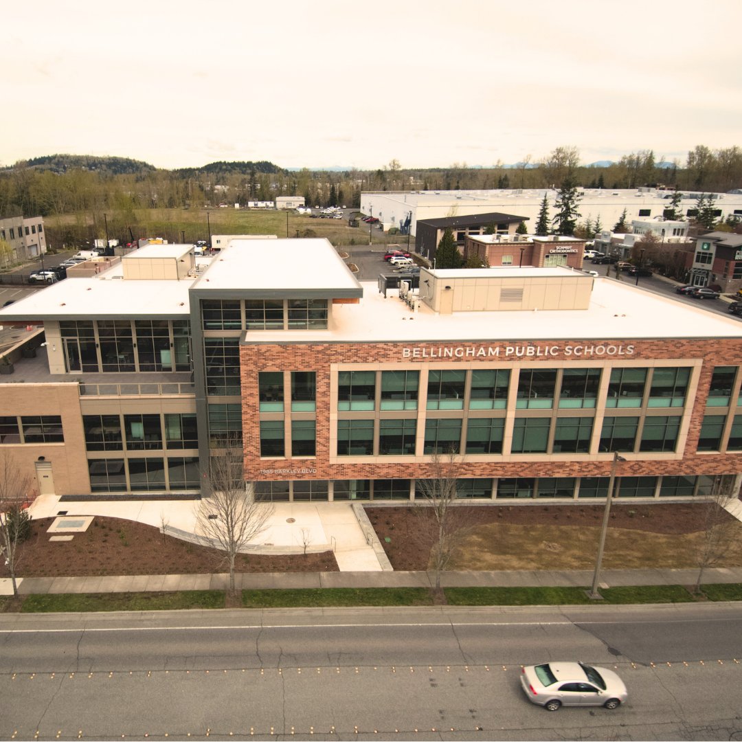 Aerial photo from across the street of new district office building