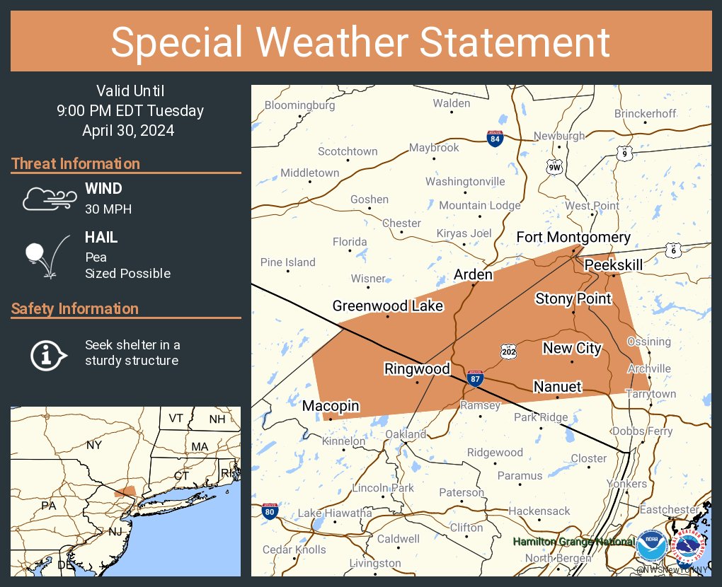 A special weather statement has been issued for New City NY, Spring Valley NY and  Peekskill NY until 9:00 PM EDT