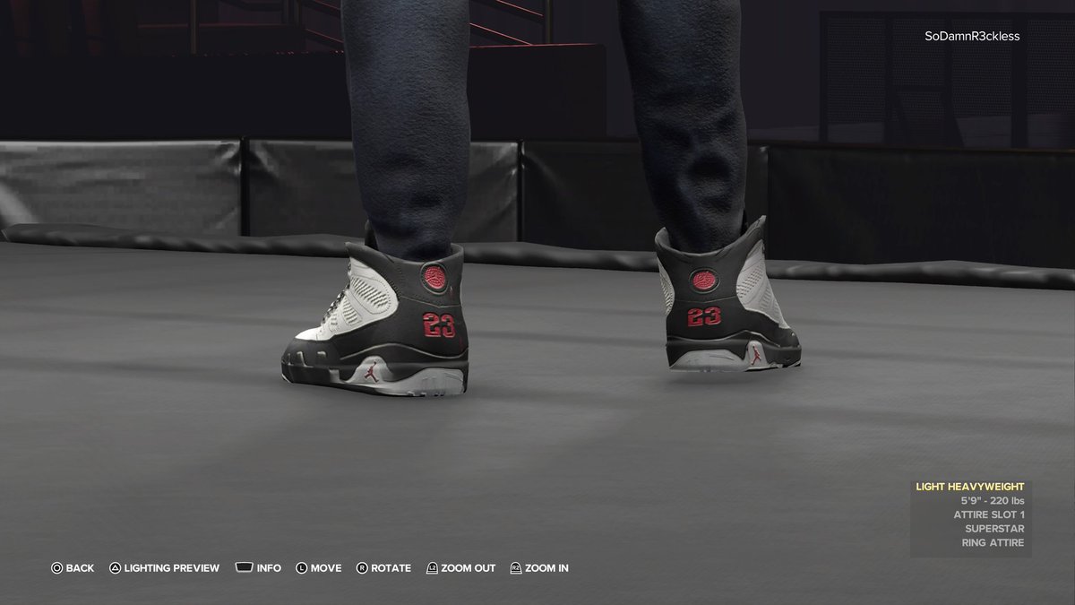 What yall think about these jordan 9s not fully sure on the sneaker choice since the tongue is too high 
#wwe2k24 #wwe2k #wwegames #wwe #caws