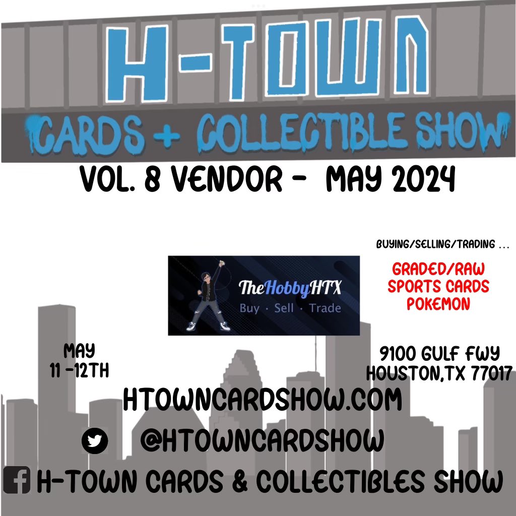 🚨MAY VENDOR ANNOUNCMENT🚨 Please welcome back @thehobbyhtx Houston, Texas The Hobby HTX Specializes in Pokémon, Sports Singles, & Graded cards. Hobby HTX has a wide variety of singles & Slabs make sure to check them out.