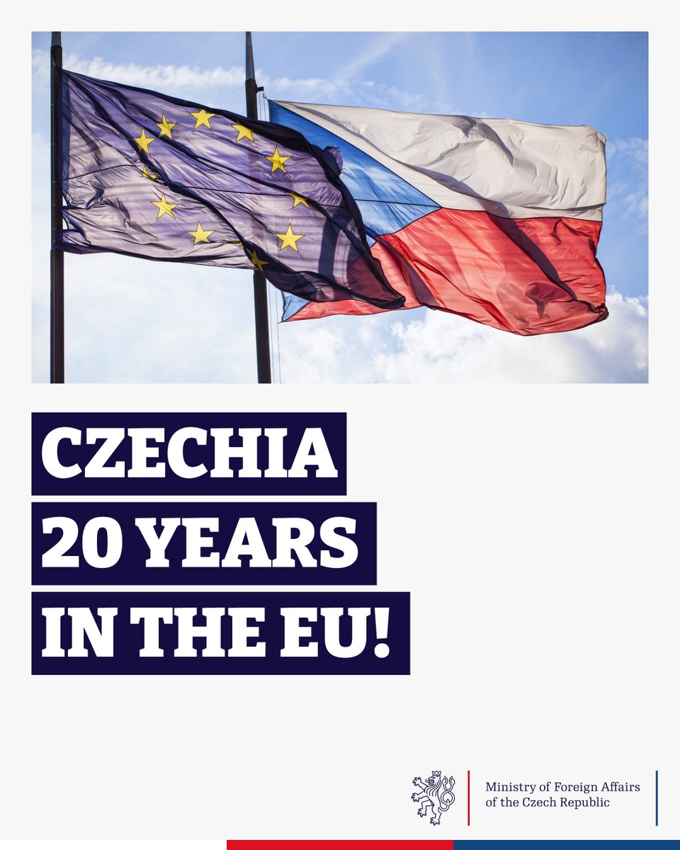 🎉本日チェコはEU加盟から20周年を迎えました！🇨🇿🤝🇪🇺
2004年の今日、チェコは他9か国と共に誇るべき欧州ファミリーの一員になりました。20周年おめでとう！🎉👏🎉
 #CzechEmbassyTokyo
#20YearsTogether
