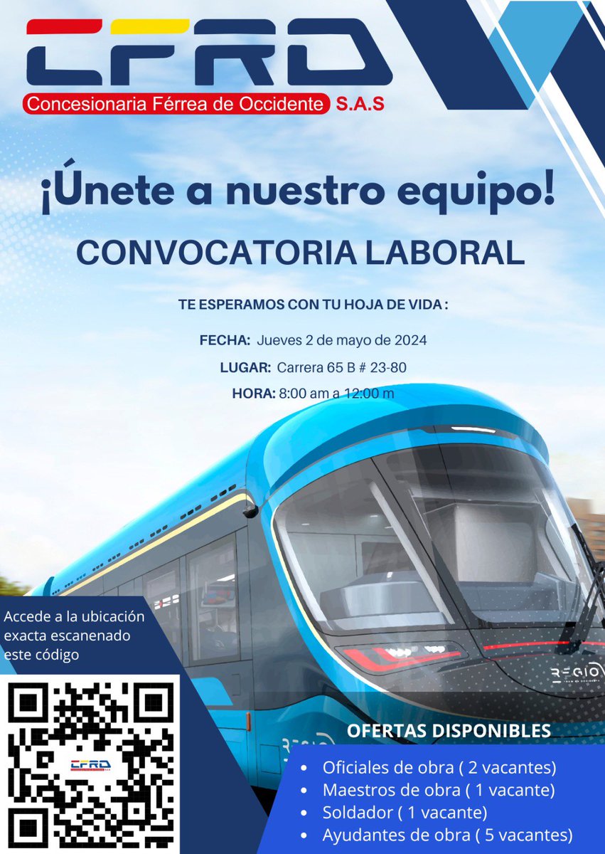 RegiotramCFRO's tweet photo. Tenemos una nueva convocatoria laboral. Si cumples con los perfiles, acércate, participa y aplica. 👷♂️👷🛤
#RegiotramDeOccidente #CFRO #Regiotram #Empleo #cundinamarca #facatativá #madrid #mosquera #funza #bogota https://t.co/mHr7DUicqJ