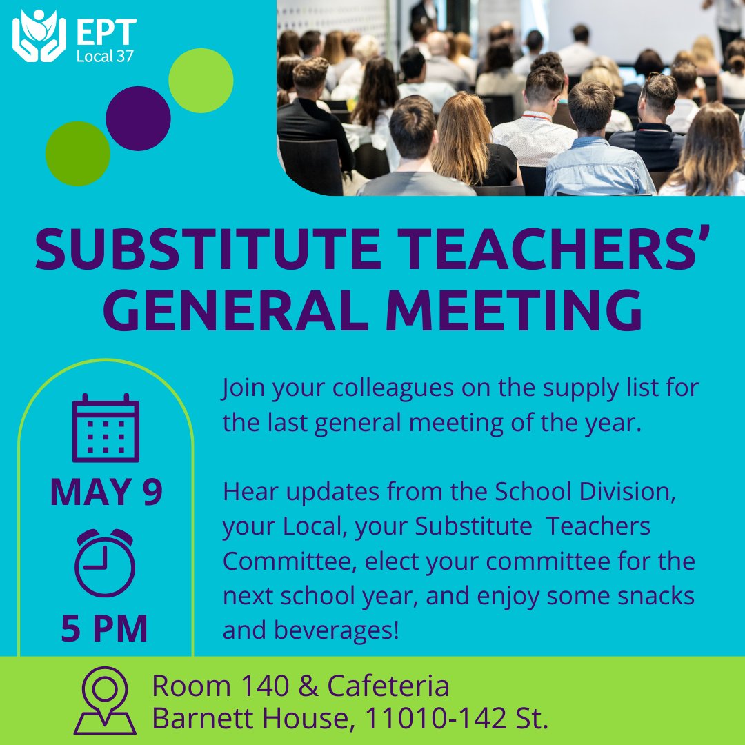 ❤️ & SHARE: 📝 Attention supply teachers! 📚 Mark your calendars for May 9th and be part of our Substitute Teachers' General Meeting. Registration is under the 'Substitute Teachers' icon on the Local's site or the 🔗 in bio. #edpub #local37