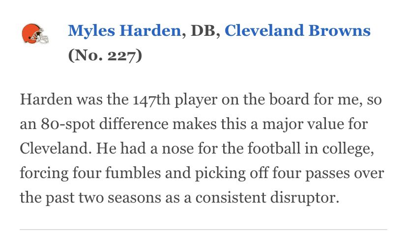 No surprise here. 🤷‍♂️ @FieldYates highlighted @Myles1Harden as one of the best value picks in the the draft. 🔗 espn.com/nfl/draft2024/…