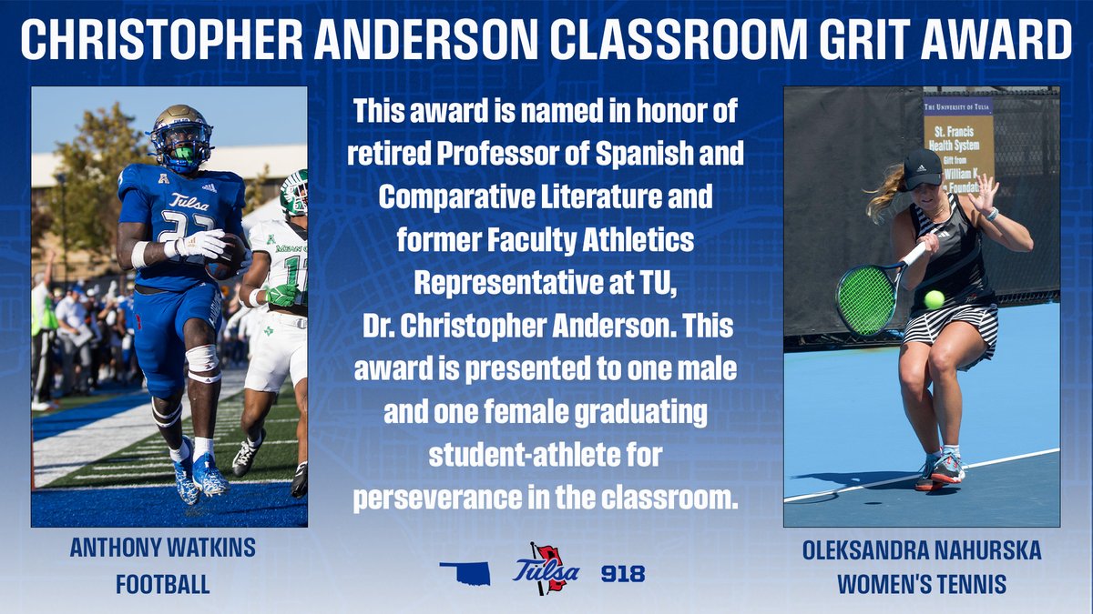 To kick off our Golden 'Cane Award Ceremony, we honor our Christopher Anderson Classroom Grit Award! Congrats to @TulsaFootball Anthony Watkins and @TulsaWTennis Oleksandra Nahurska on earning this award! #ReignCane
