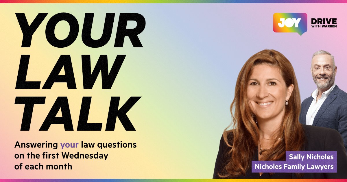 Today at 4:35pm on JOY 94.9FM, @nicholes_law Managing Partner @sally_nicholes will discuss how family law helps you work out ‘who gets what’ when a relationship ends, with Drive presenter Warren Andrew #familylaw #auslaw #propertysettlement #separation #divorce #LGBTIQA+