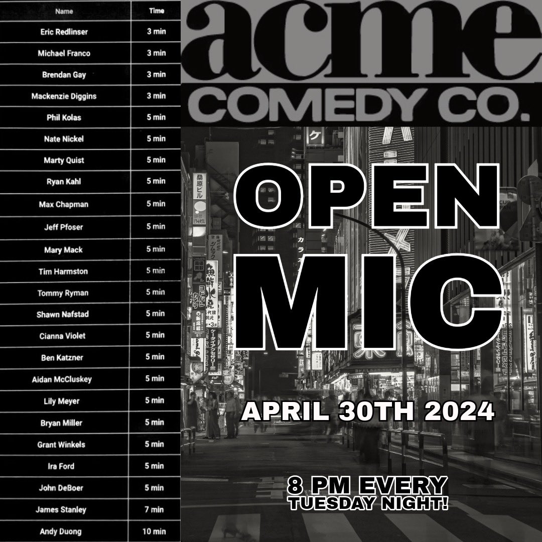 Escape the rain and get down to Acme Comedy Company for a dry place to hang out and enjoy some laughs! #openmicnight takes place every single Tuesday at Acme and tonight is no exception! Take a sneak peak at the set list and come check out the best and brightest comics in MN!