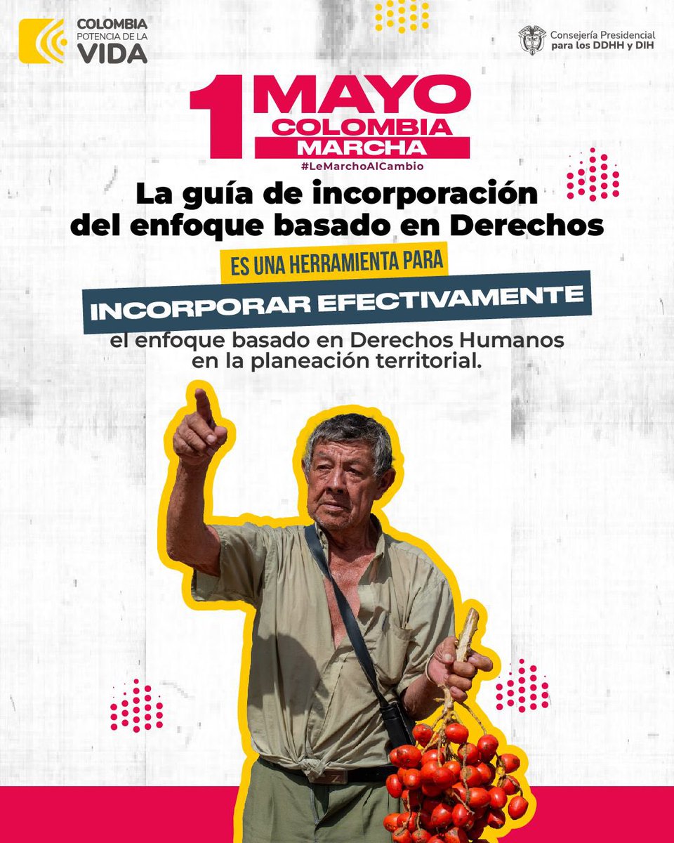 La @ConsejeriaDDHH junto con el @MinInterior y el @DNP_Colombia, construyeron la guía de incorporación del enfoque basado en derechos para los planes territoriales de desarrollo. #LeMarchoAlCambio