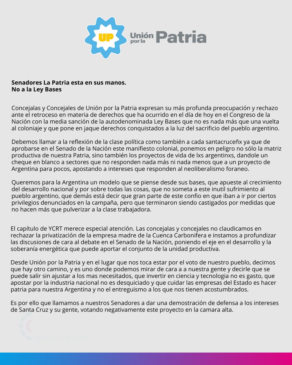 Senadores la Patria está en sus manos! Elevamos este documento desde concejales UxP Santa Cruz.