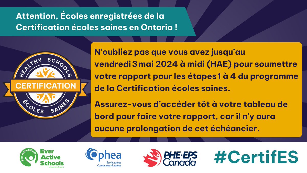 📢 Attention, écoles enregistrées de la Certification Écoles saines en Ontario!📢 La date limite de rapport de #CertifES approche le 📅 vendredi 3 mai à 12h (HAE)! Assurez-vous d’accéder tôt à votre tableau de bord pour faire votre rapport, car il n’y aura aucune prolongation!