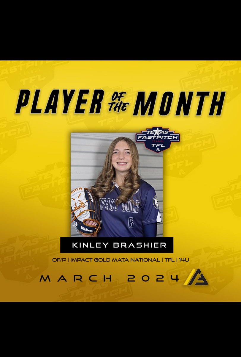 I am so grateful to have been recognized for my performance in the month of March by @TFLfastpitch and @thealliancefp @ImpactGoldOrg @CMataImpactGold @ExtraInningSB @CoastRecruits @SBRRetweets @SoftballRecruit @FastpitchAthRec