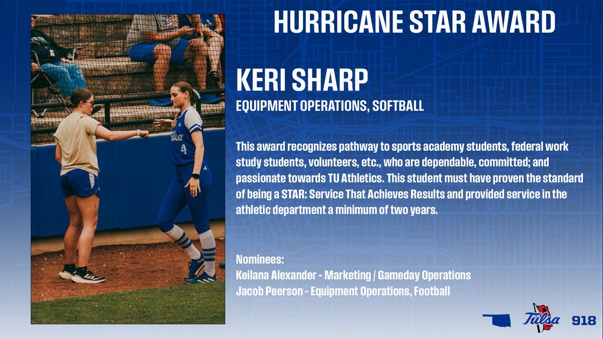 We couldn't do what we do without the Hurricane Stars! Congratulations to @tulsaacademy & @TulsaSoftball Keri Sharp on earning the Hurricane Star award! #ReignCane