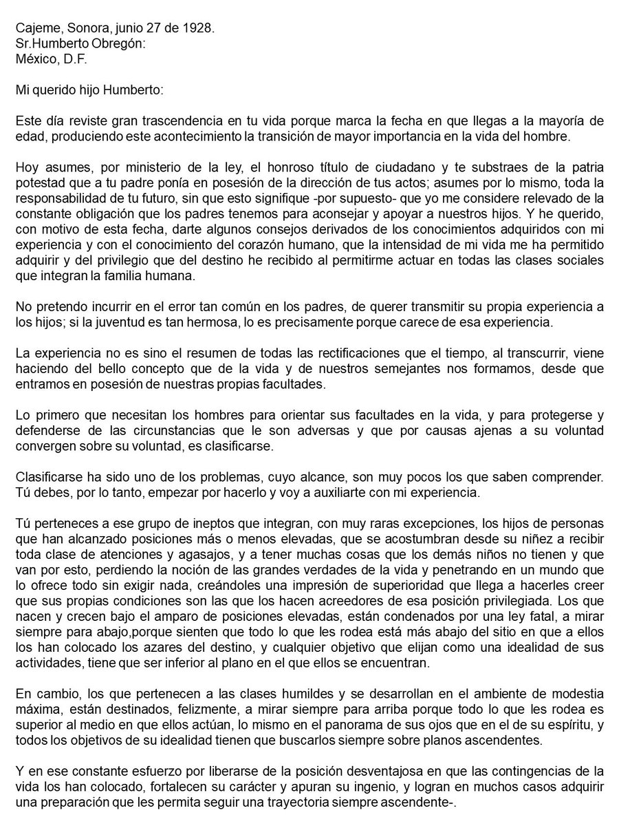 adolfocm80's tweet photo. Hoy que celebramos a nuestros hijos e hijas, les comparto un interesante documento, una carta de Álvaro Obregón a su hijo, que nos puede ayudar a reforzar principios como el esfuerzo, la responsabilidad, el valor de las cosas y prevenir excesos. Espero les sea de utilidad. https://t.co/AT9VSOIfZB