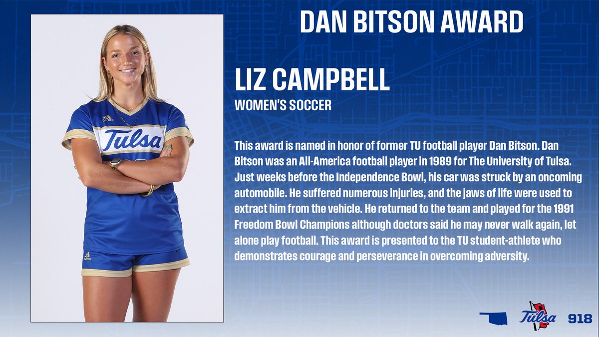 Congratulations to @TulsaWSoccer Liz Campbell on earning the Dan Bison Award! #ReignCane