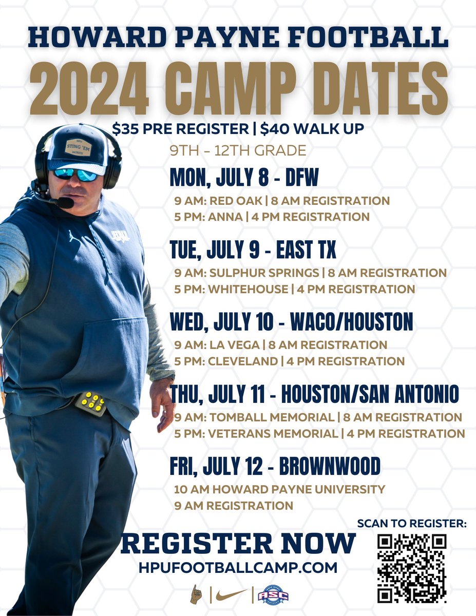 The @HPUFootball coaching staff is coming near you! Come be coached by coaches with a combined 50+ years of experience. Learn what college football is all about and jumpstart your recruiting process by getting an in-person evaluation! #HailtheGoldandBlue