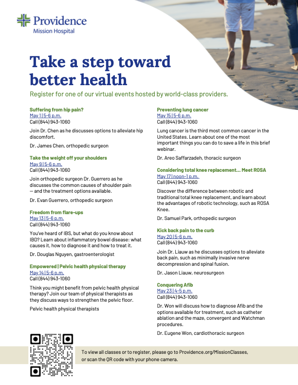 MViejoChamber's tweet photo. 📅 Join Providence Mission Hospital's FREE health webinars this May! From family planning to heart health, our expert physicians are here to empower you with vital knowledges. Scan the QR code or visit https://t.co/TibmUTVrlM to sign up! #HealthWebinars #ProvidenceMissionHospital https://t.co/41kRGGp9Oz