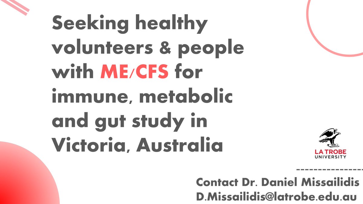 Recruitment for our recent Mason-funded ME/CFS biomedical study in VIC, Australia is LIVE! Please get in touch if interested or have questions. Some more info: docs.google.com/document/d/1-2… #MECFS #LongCovid #Victoria #Science