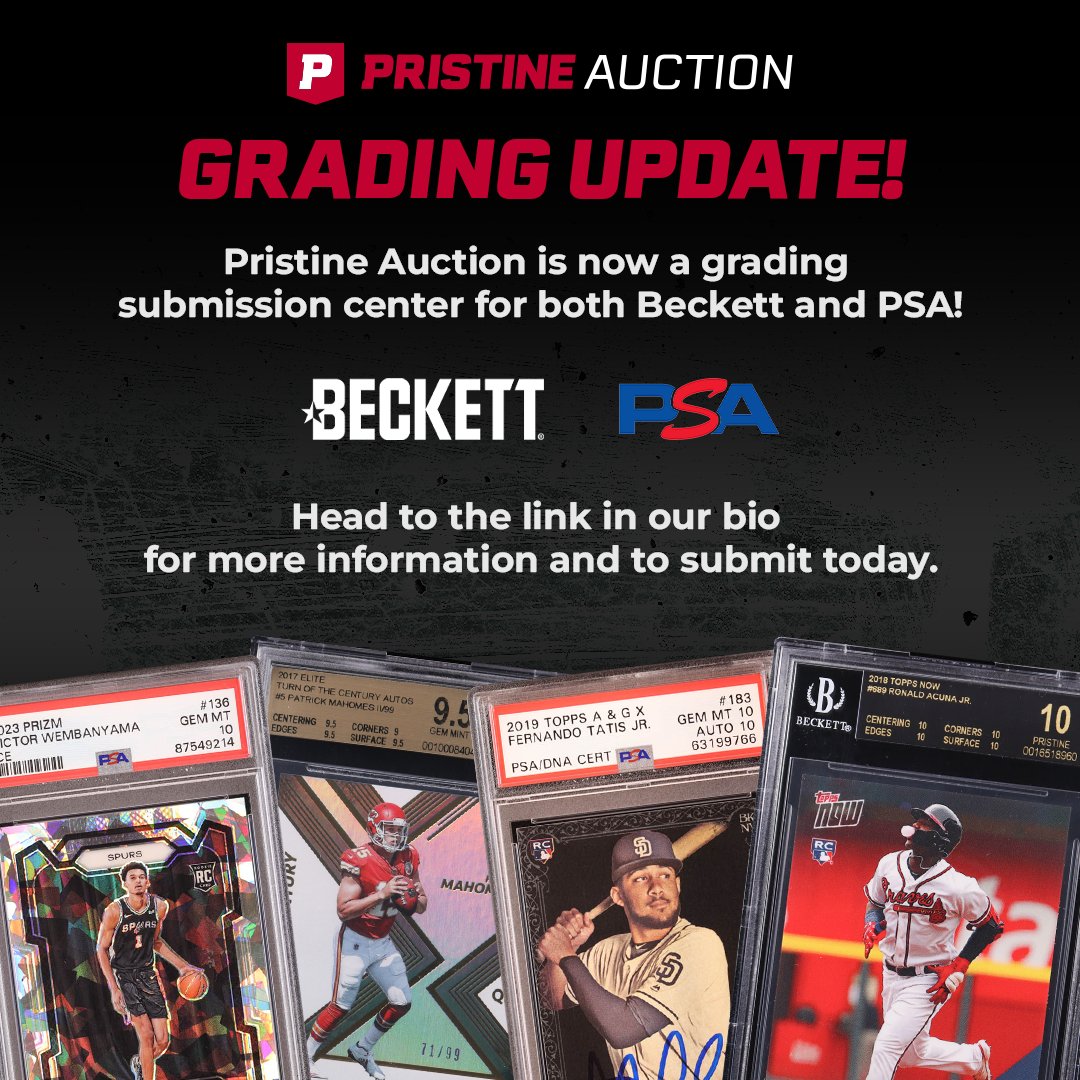 PristineAuction's tweet photo. 🚨 GRADING UPDATE! Pristine Auction is proud to announce that we are now a grading submission center for both Beckett and PSA! Submit your items today!
https://t.co/hUhkVsCn9G
#CardGrading #GradedCards #PSAGrading #BGSGrading #TradingCardAuthentication https://t.co/e53r66U4lr