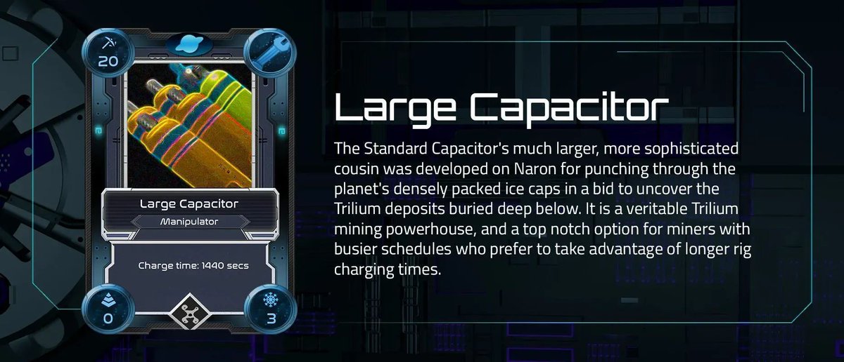 𝗟𝗮𝗿𝗴𝗲 𝗖𝗮𝗽𝗮𝗰𝗶𝘁𝗼𝗿－Standard Capacitor's much larger & sophisticated cousin. It is a veritable #TLM mining powerhouse & a top notch option for miners with busier schedules who prefer to take advantage of longer rig charging times. #NFT #AlienWorlds #Web3 #Play2Earn