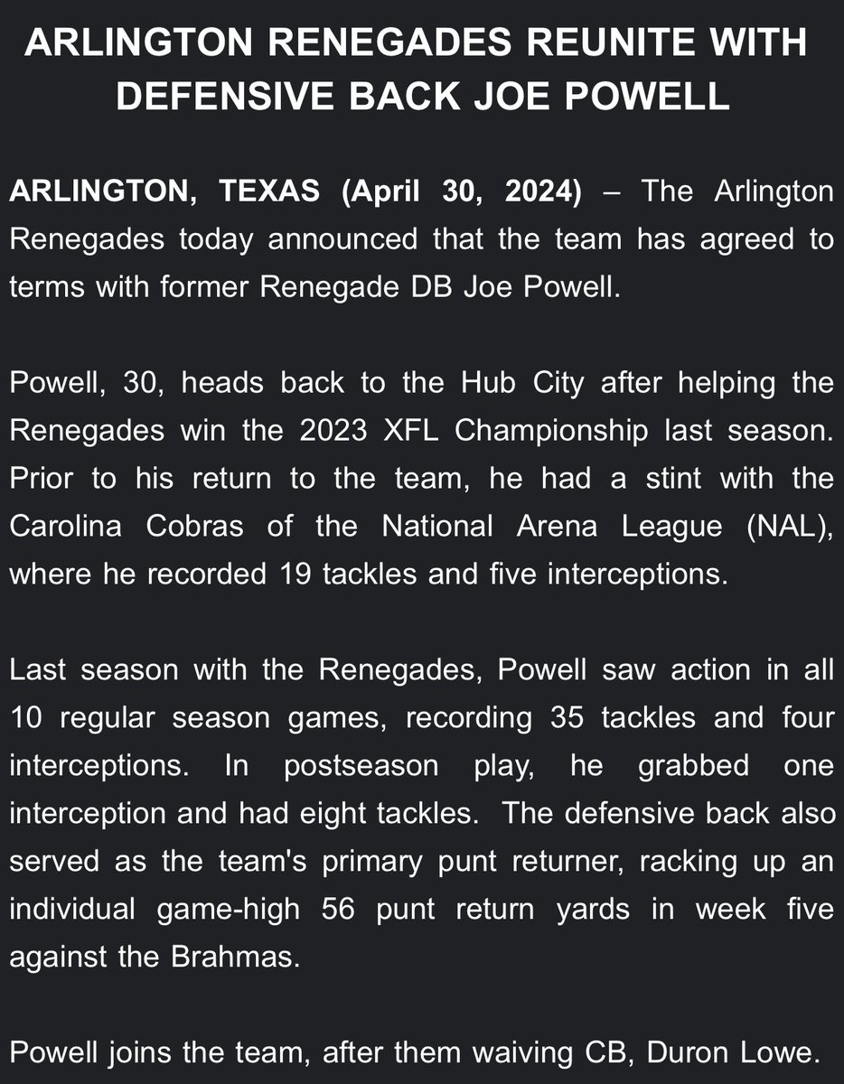 The Arlington Renegades make the Joe Powell signing official. They also announce the release of cornerback Duron Lowe. #UFL